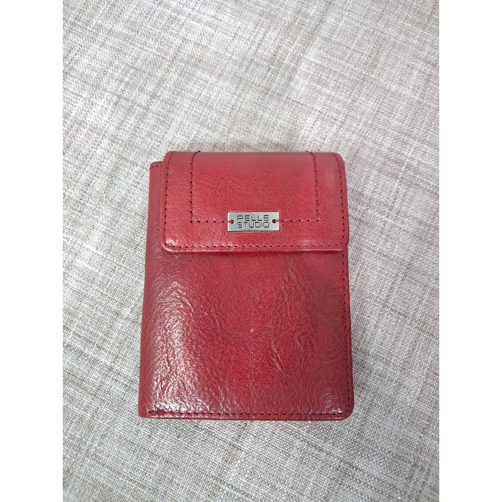 Pelle Studio Red Leather Bifold Wallet Compact ID Window Coin Pocket Snap